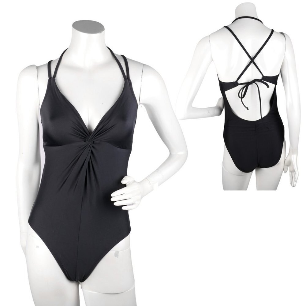 Time & Tru Open Back Swimsuit One Piece BathingSuit Halter Ruched Bust Black NEW